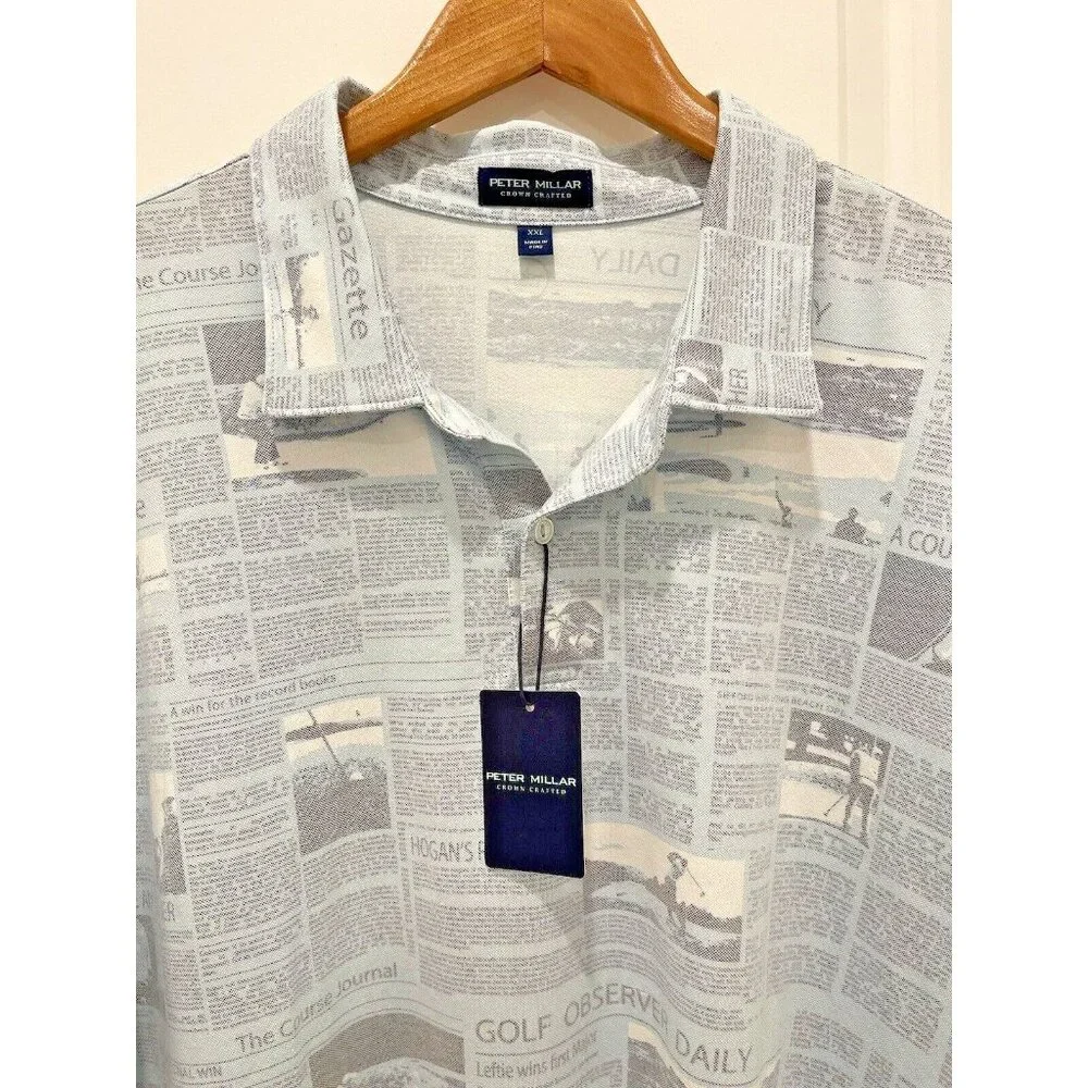 PETER MILLAR Size XXL Men's CROWN CRAFTED Polo Shirt Blue Frost Newspaper Print - Picture 3 of 7